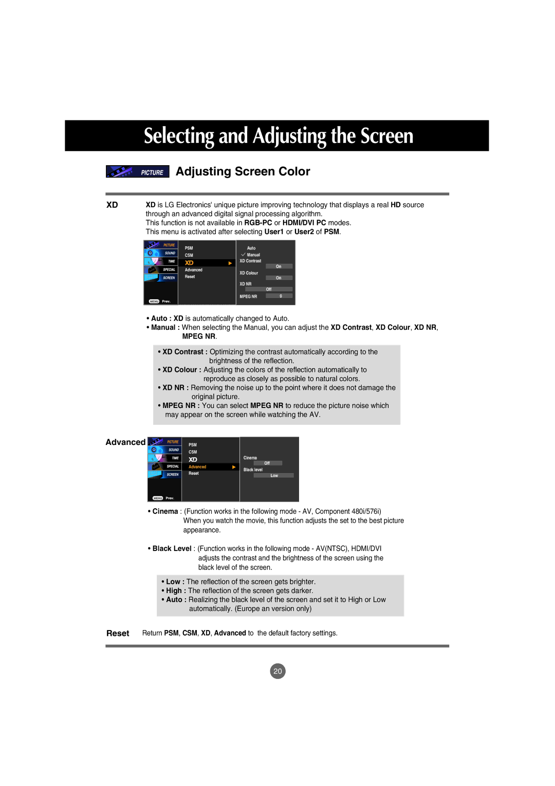 LG Electronics M4710C manual Selecting and Adjusting the Screen, Advanced 