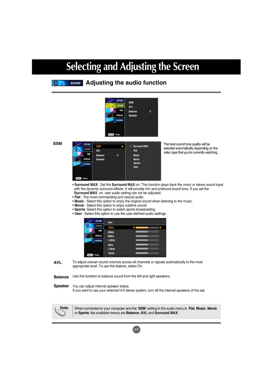 LG Electronics M4710C manual Adjusting the audio function, Ssm 