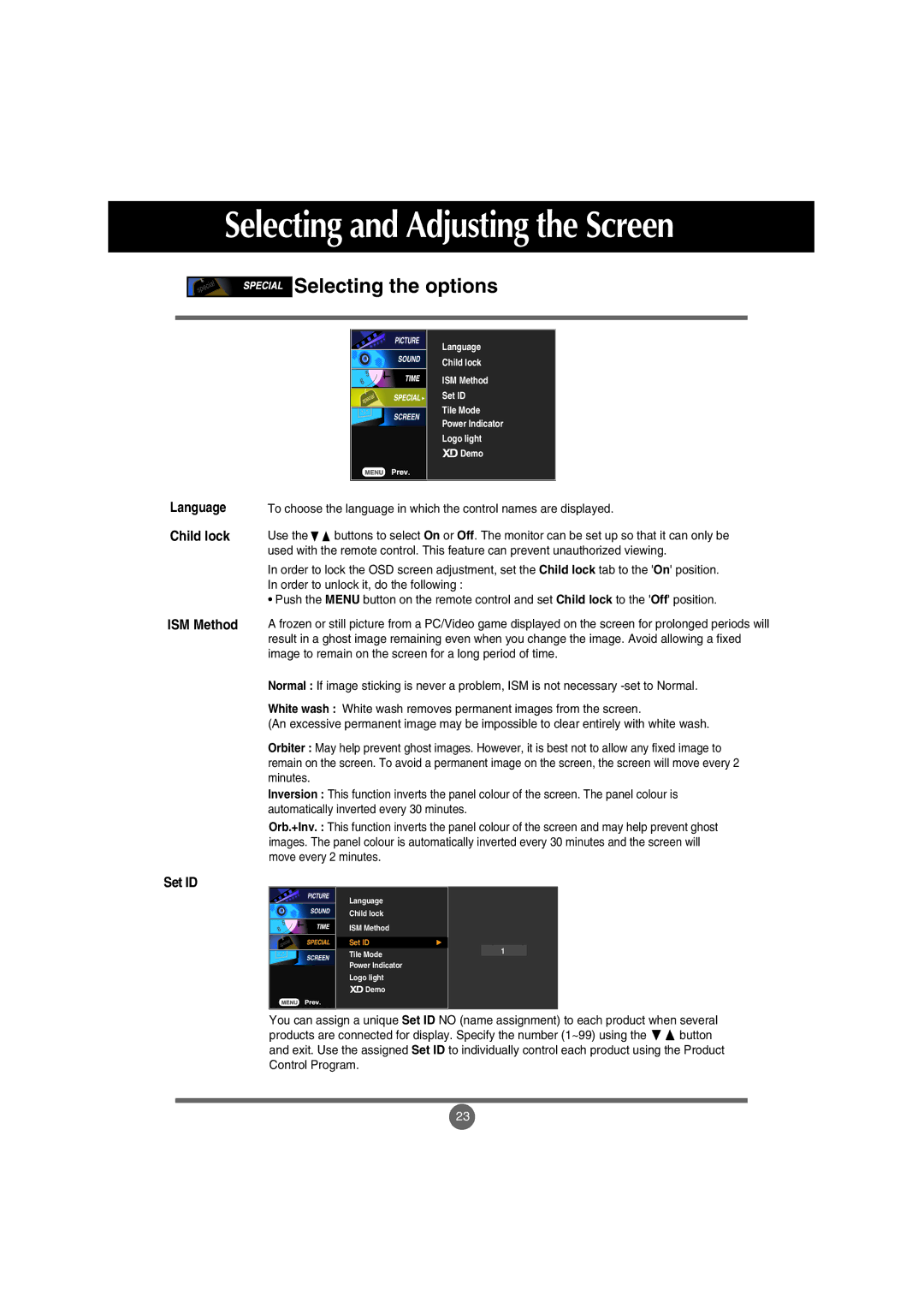 LG Electronics M4710C manual Selecting the options, ISM Method Set ID, Language Child lock 