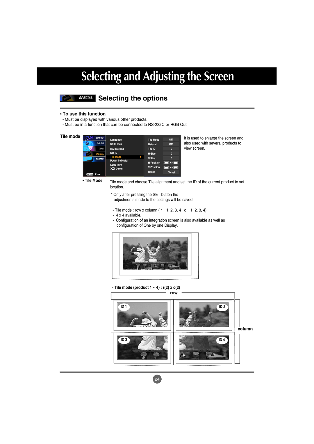 LG Electronics M4710C manual To use this function, Tile Mode, Tile mode product 1 ~ 4 r2 x c2 Row Column 