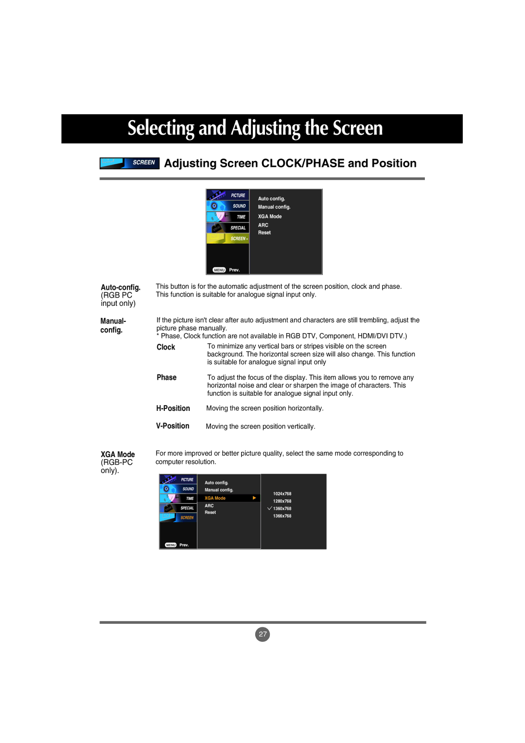 LG Electronics M4710C manual Adjusting Screen CLOCK/PHASE and Position, Auto-config, Phase, XGA Mode 