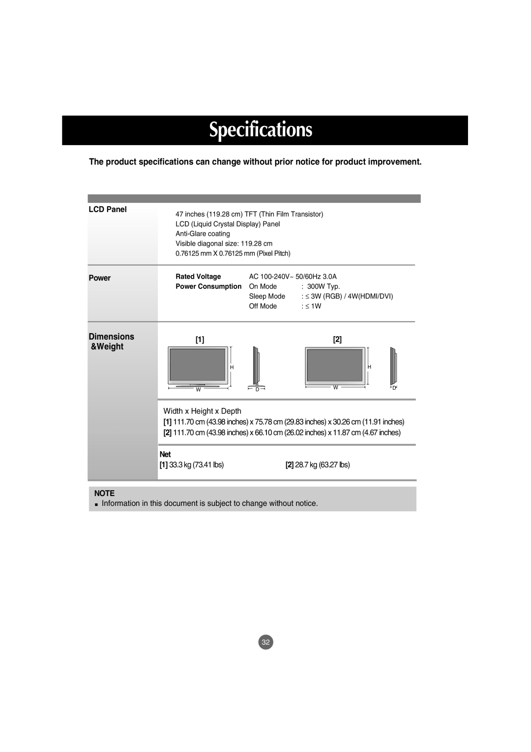 LG Electronics M4710C manual LCD Panel, Dimensions &Weight, Net 33.3 kg 73.41 lbs, Rated Voltage 