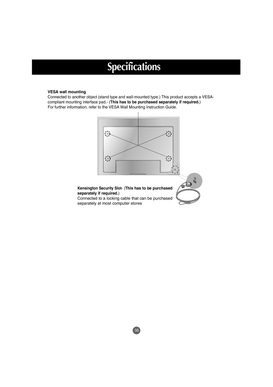 LG Electronics M4710C manual Vesa wall mounting 