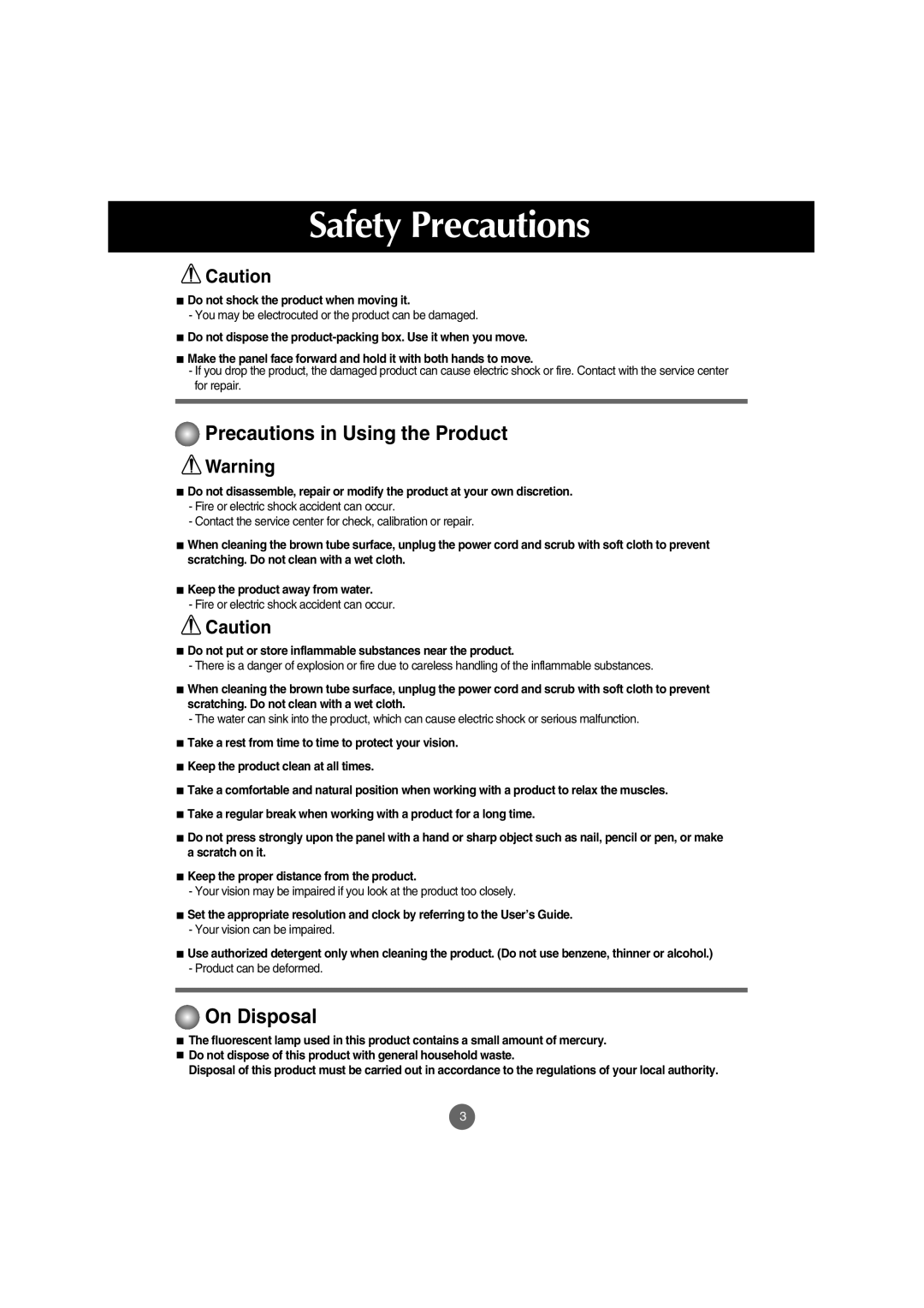 LG Electronics M4710C manual Precautions in Using the Product, On Disposal, Do not shock the product when moving it 