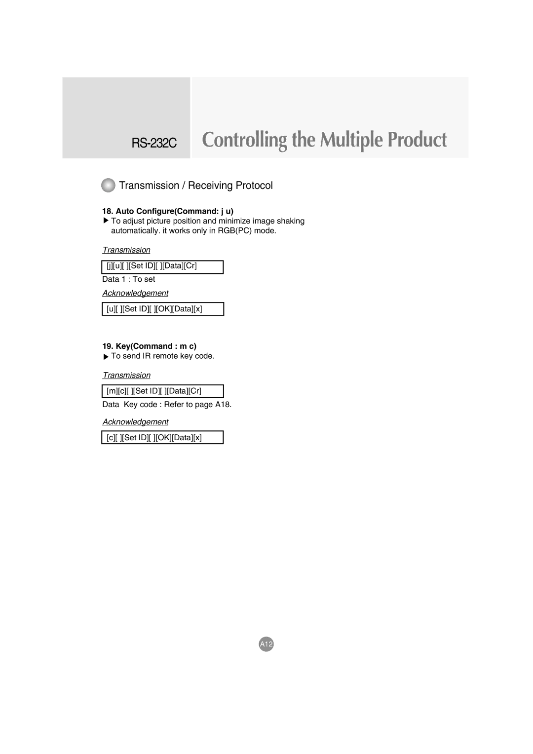 LG Electronics M4710C manual Auto ConfigureCommand j u, KeyCommand m c 