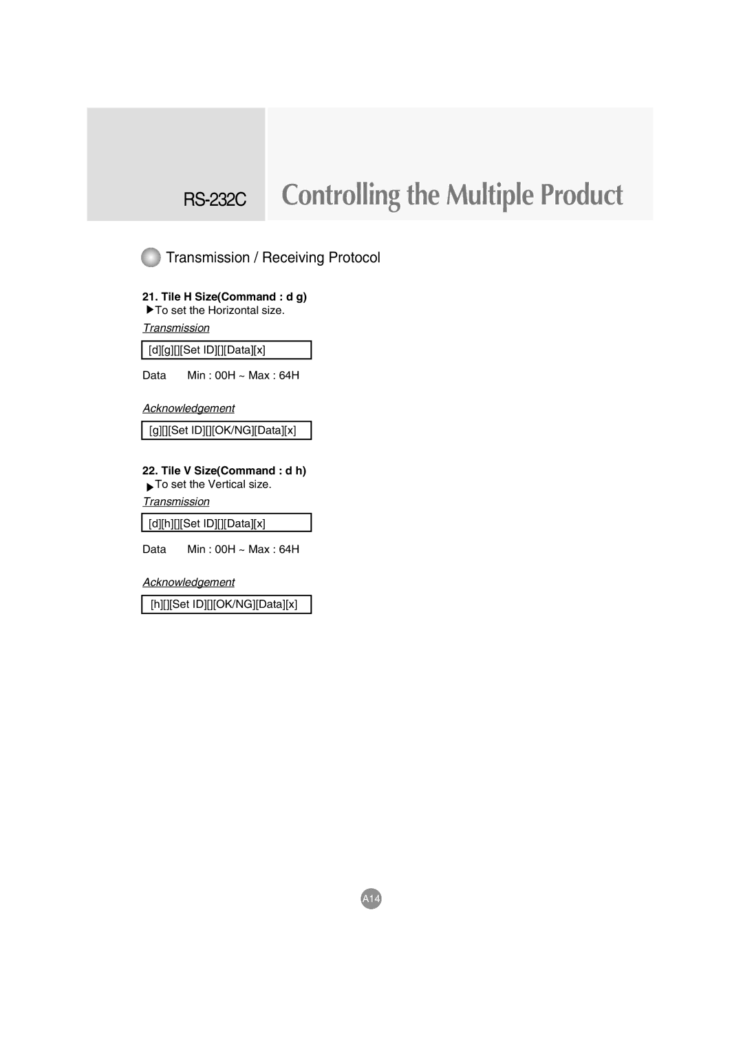 LG Electronics M4710C manual Tile H SizeCommand d g, Tile V SizeCommand d h 