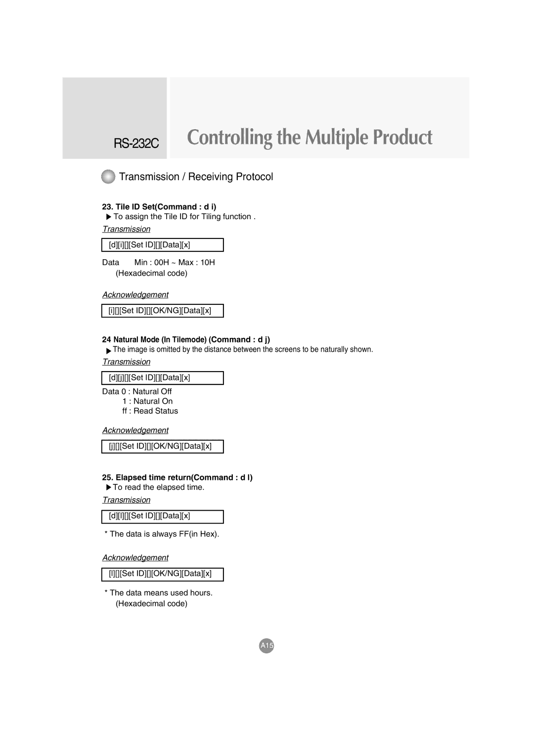 LG Electronics M4710C manual Tile ID SetCommand d, Natural Mode In Tilemode Command d j, Elapsed time returnCommand d l 