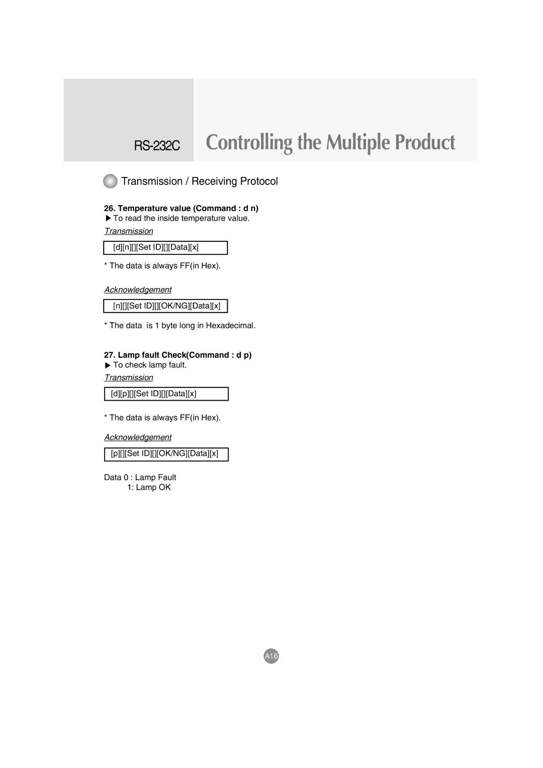 LG Electronics M4710C manual Temperature value Command d n, Lamp fault CheckCommand d p 