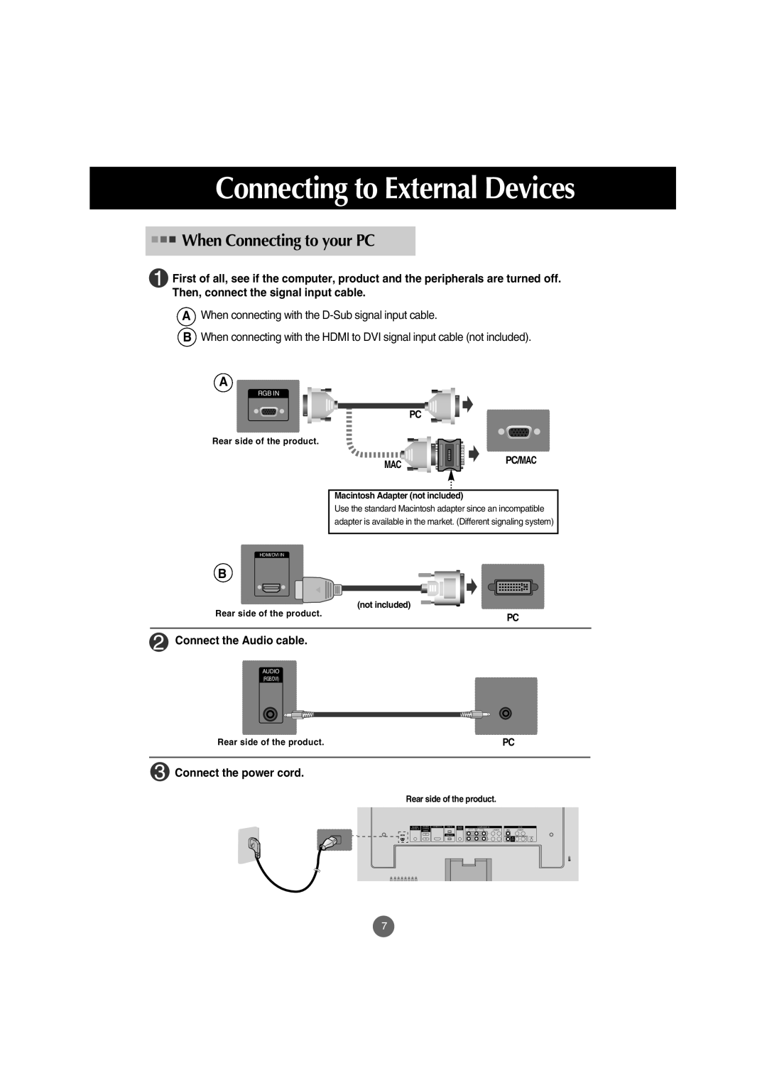 LG Electronics M4710C manual Connect the Audio cable, Connect the power cord 