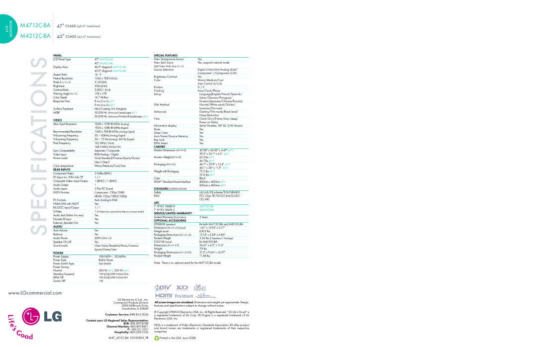 LG Electronics M4212C-BA Panel, Video, Rear Inputs, Audio, Power, Special Features, Cabinet, Upc, Optional Accessories 