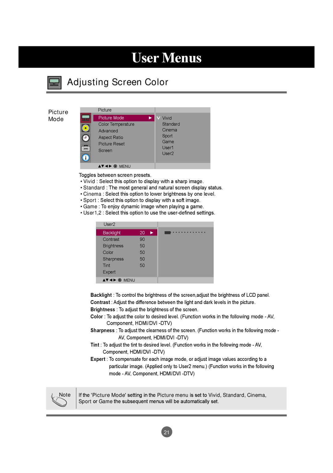 LG Electronics M4715C manual Adjusting Screen Color, Picture Mode 