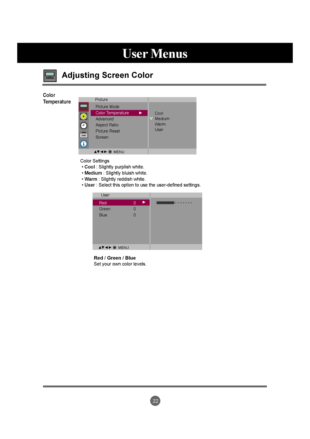 LG Electronics M4715C manual Adjusting Screen Color, Red / Green / Blue 