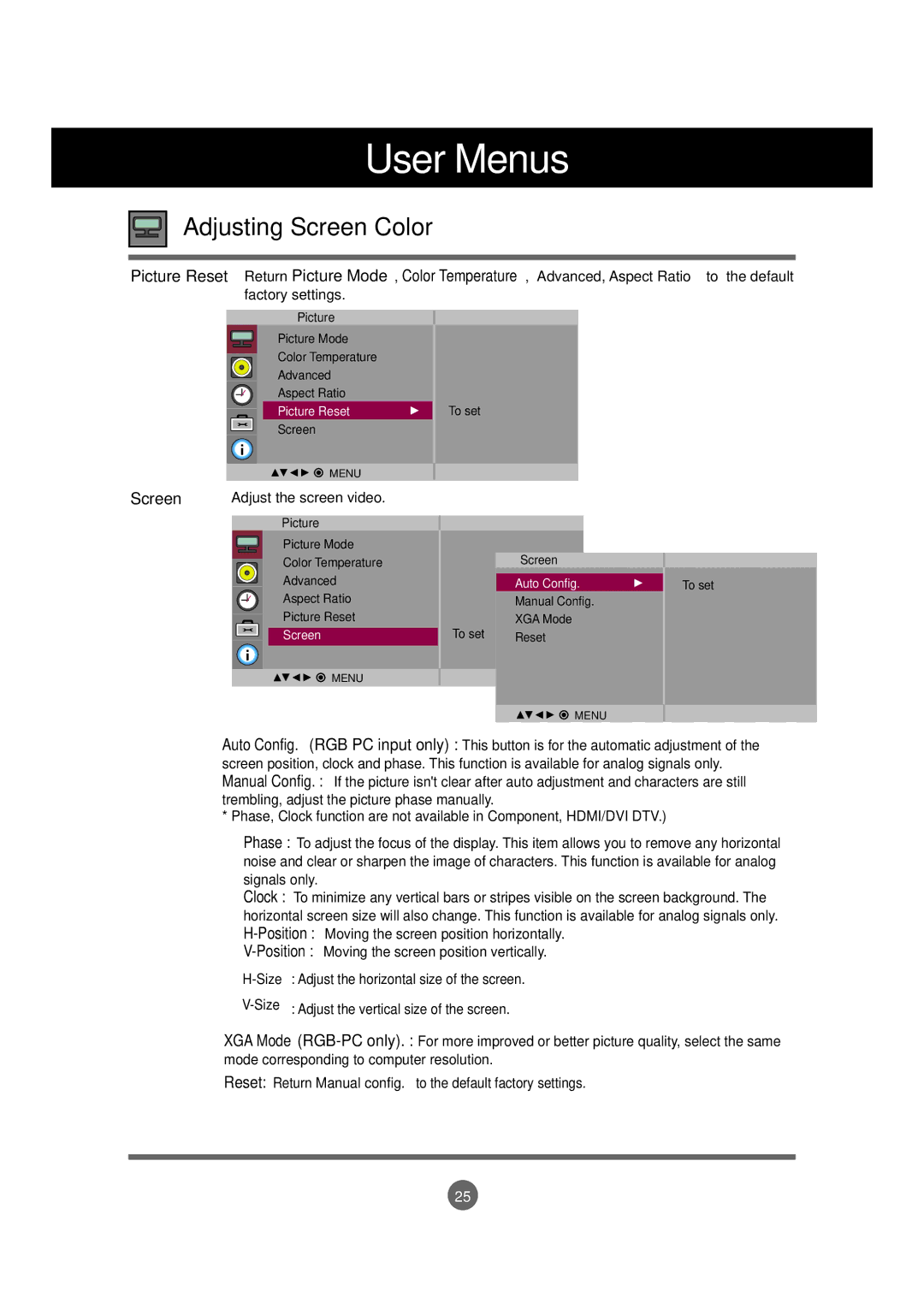 LG Electronics M4715C manual Screen, Adjust the screen video 