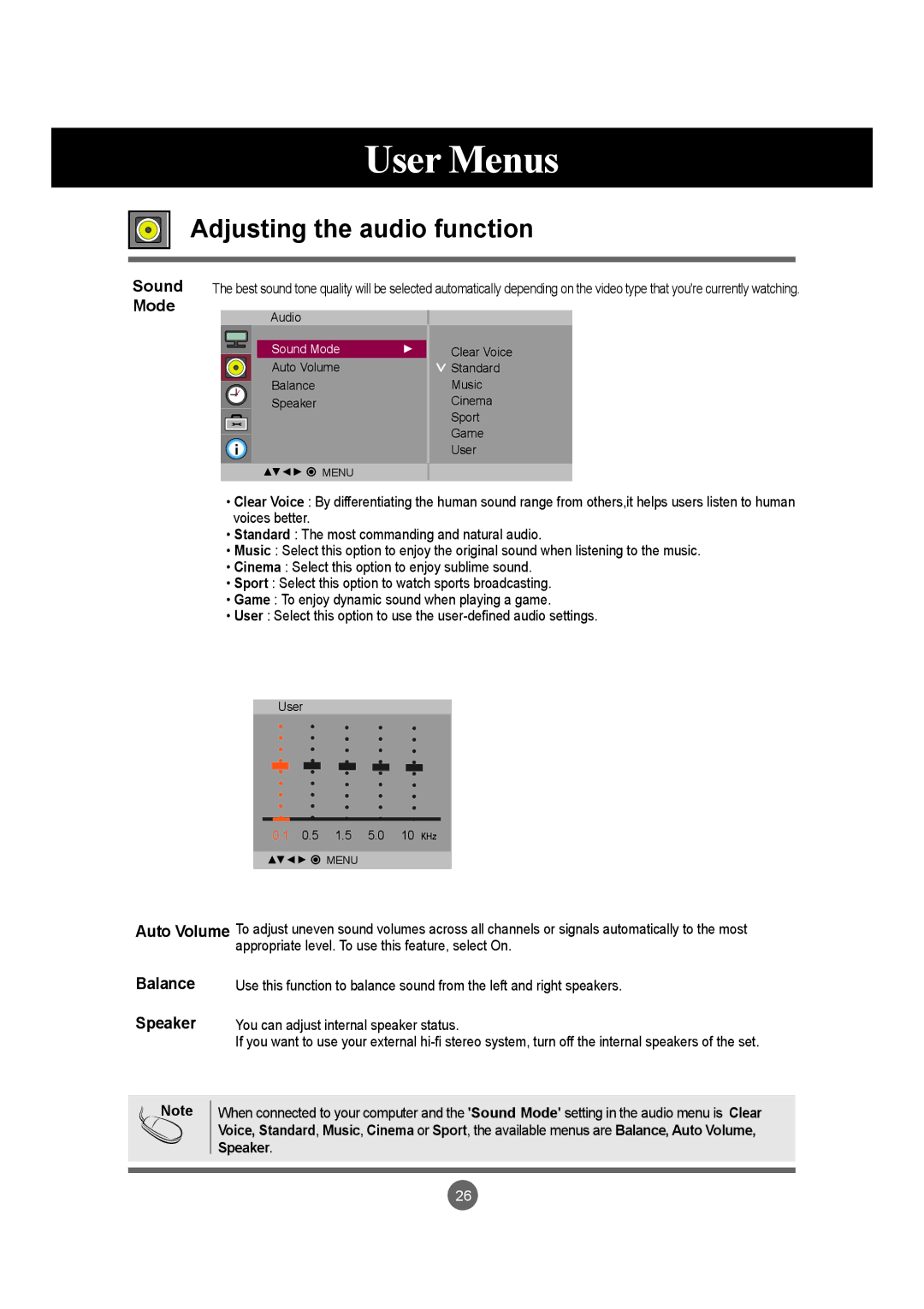 LG Electronics M4715C manual Adjusting the audio function, Sound Mode, Auto Volume Balance Speaker 