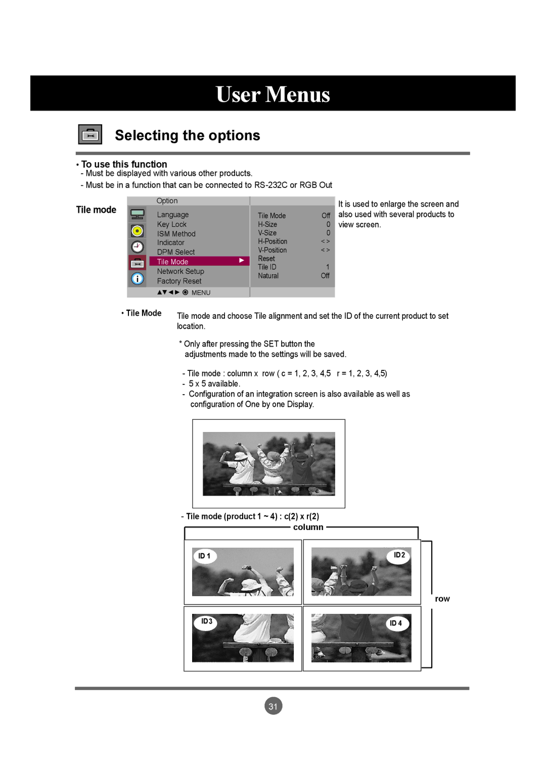 LG Electronics M4715C manual To use this function, Tile mode, Tile Mode, Row 