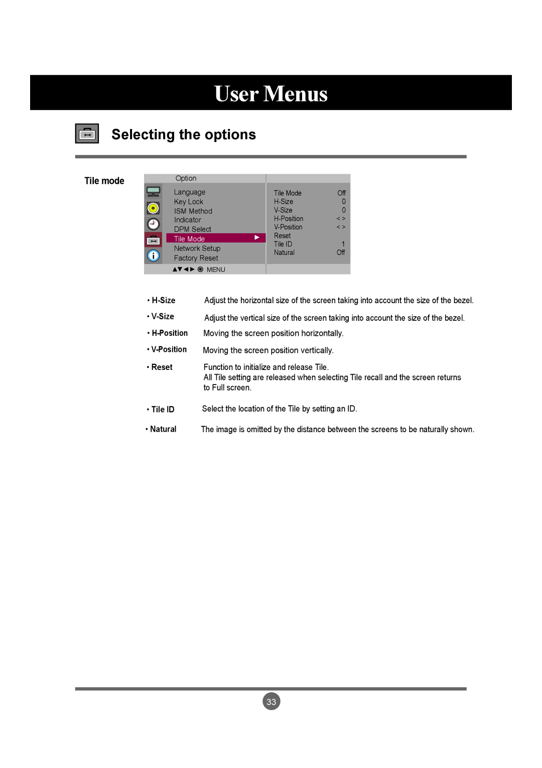 LG Electronics M4715C manual Size Position Reset Tile ID Natural 