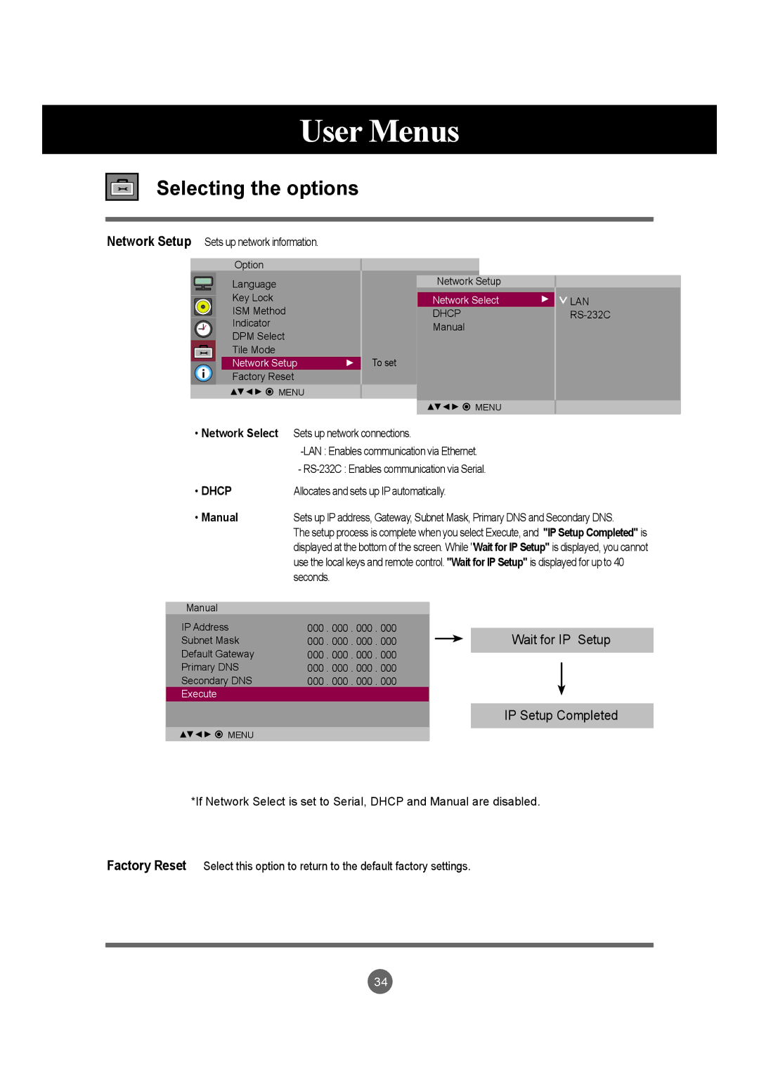 LG Electronics M4715C manual Network Setup Sets up network information, Manual 