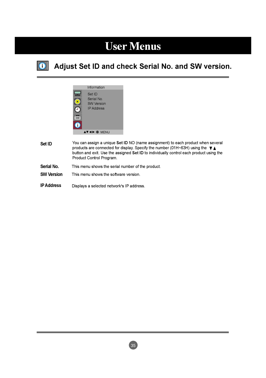 LG Electronics M4715C manual Adjust Set ID and check Serial No. and SW version, IP Address 