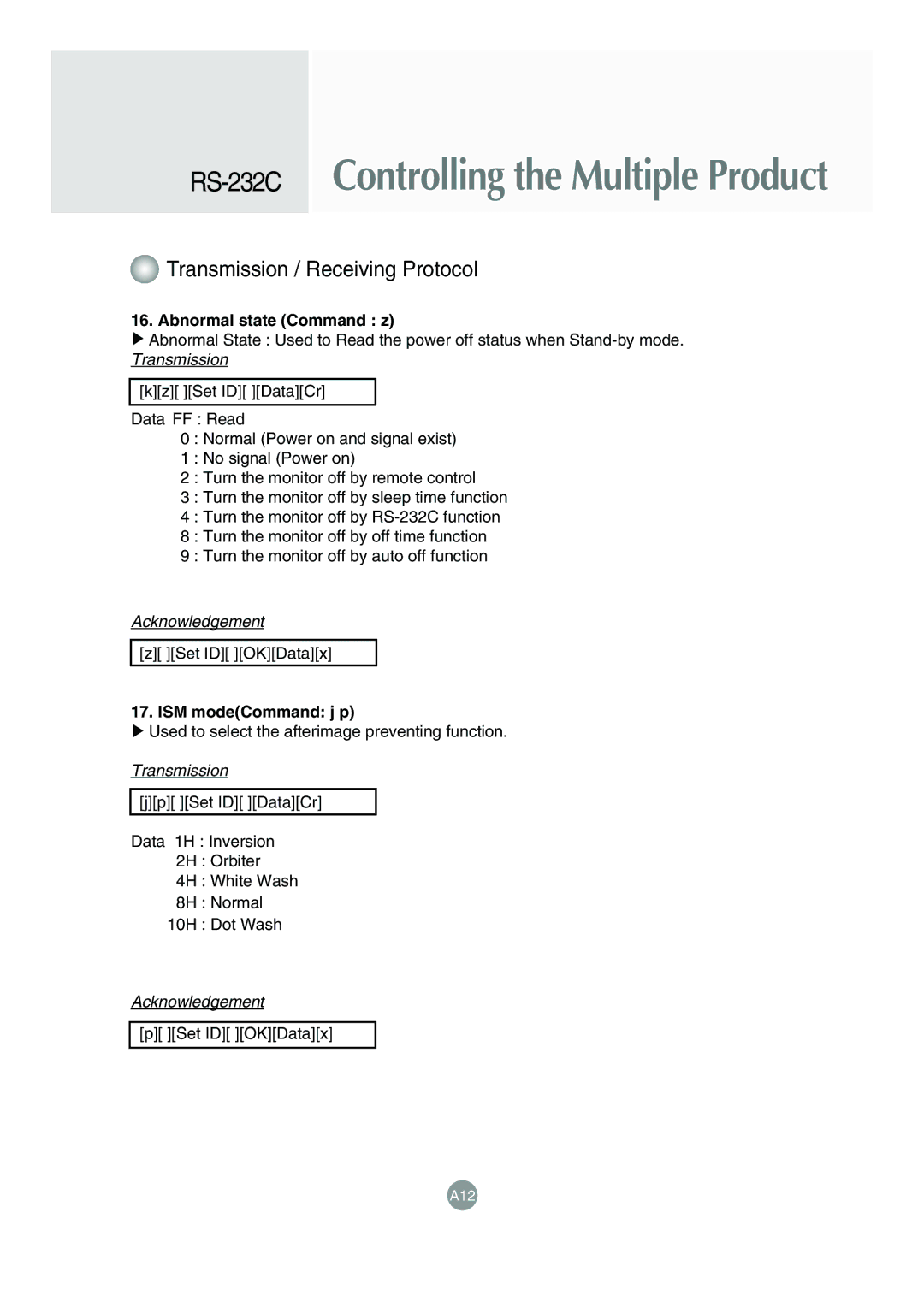 LG Electronics M4715C manual Abnormal state Command z, ISM modeCommand j p 