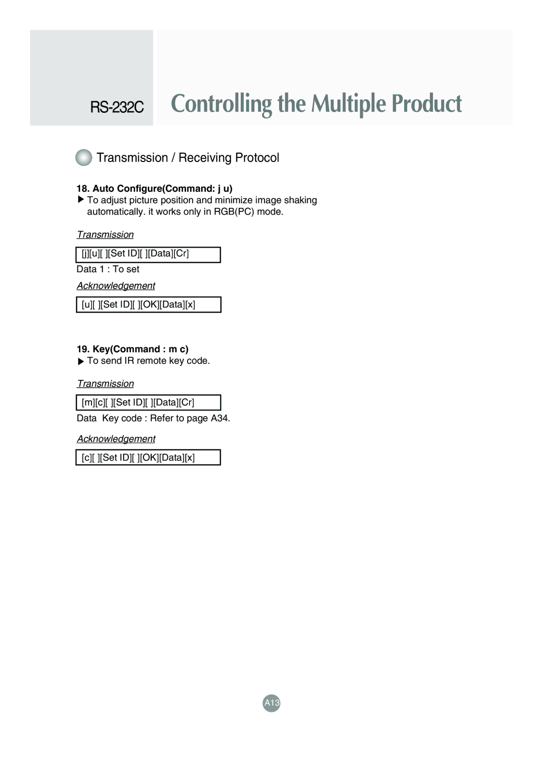 LG Electronics M4715C manual Auto ConfigureCommand j u, KeyCommand m c 