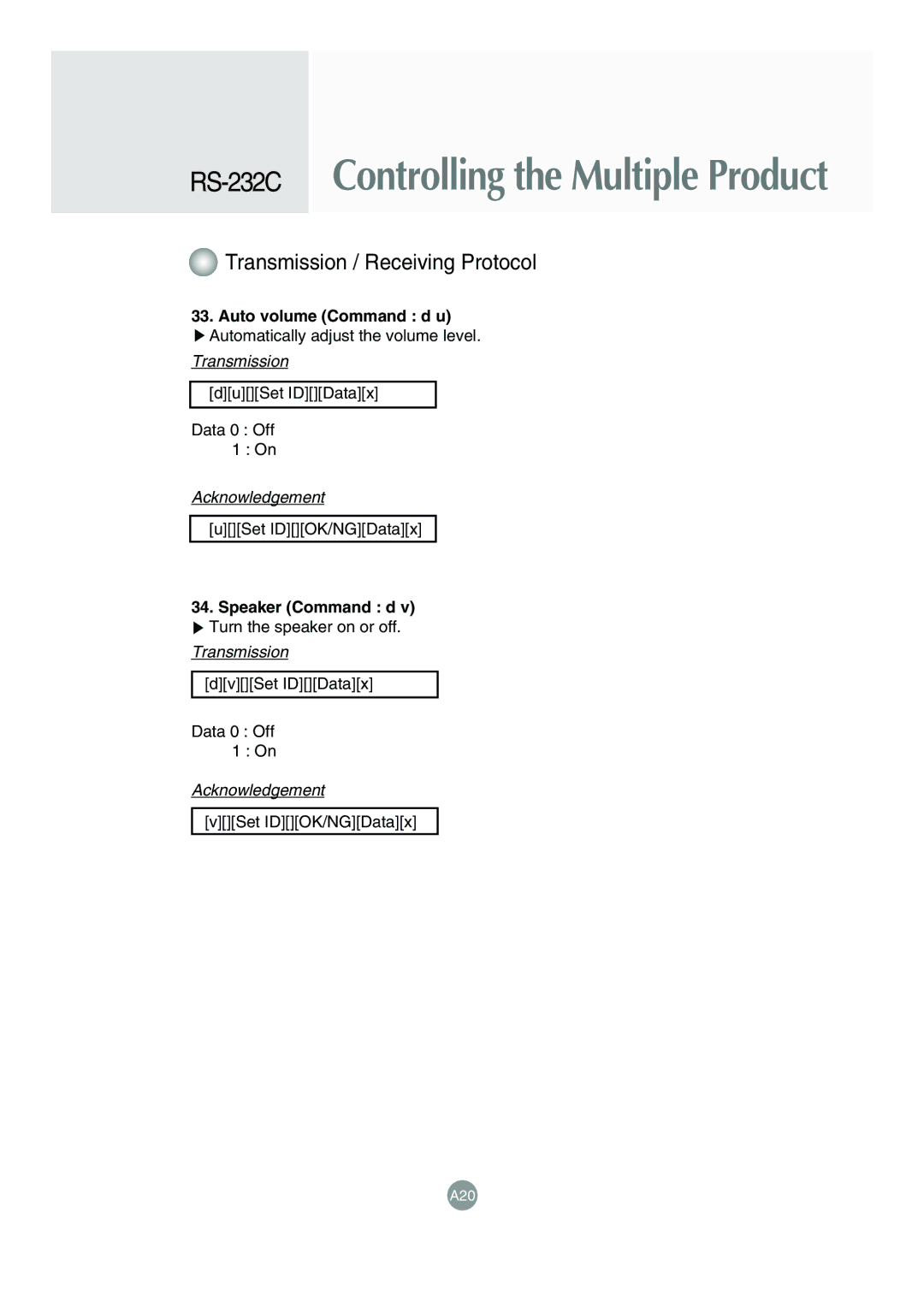 LG Electronics M4715C manual Auto volume Command d u, Speaker Command d 