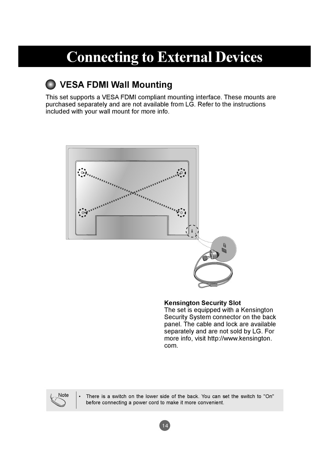 LG Electronics M4716C owner manual Vesa Fdmi Wall Mounting, Kensington Security Slot 