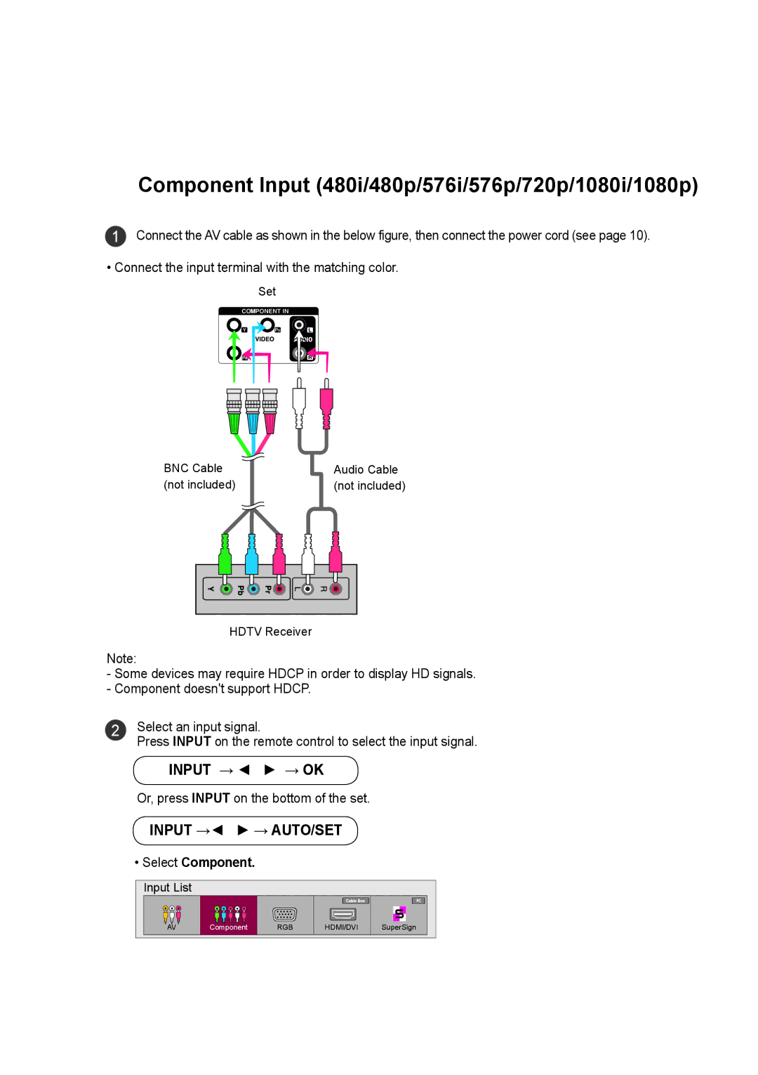 LG Electronics M4716C owner manual Component Input 480i/480p/576i/576p/720p/1080i/1080p, Select Component 