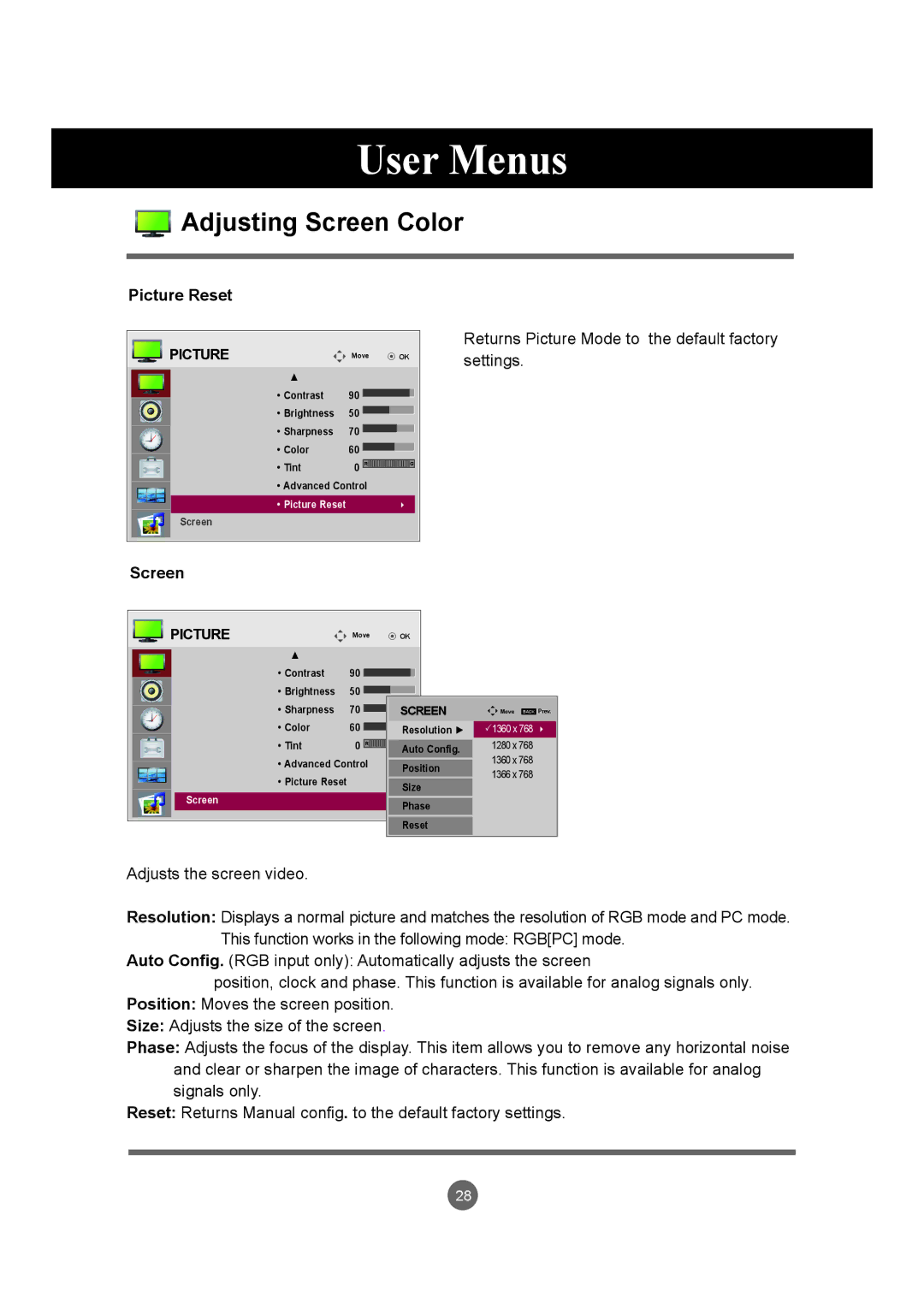 LG Electronics M4716C owner manual Picture Reset Returns Picture Mode to the default factory, Settings, Screen 