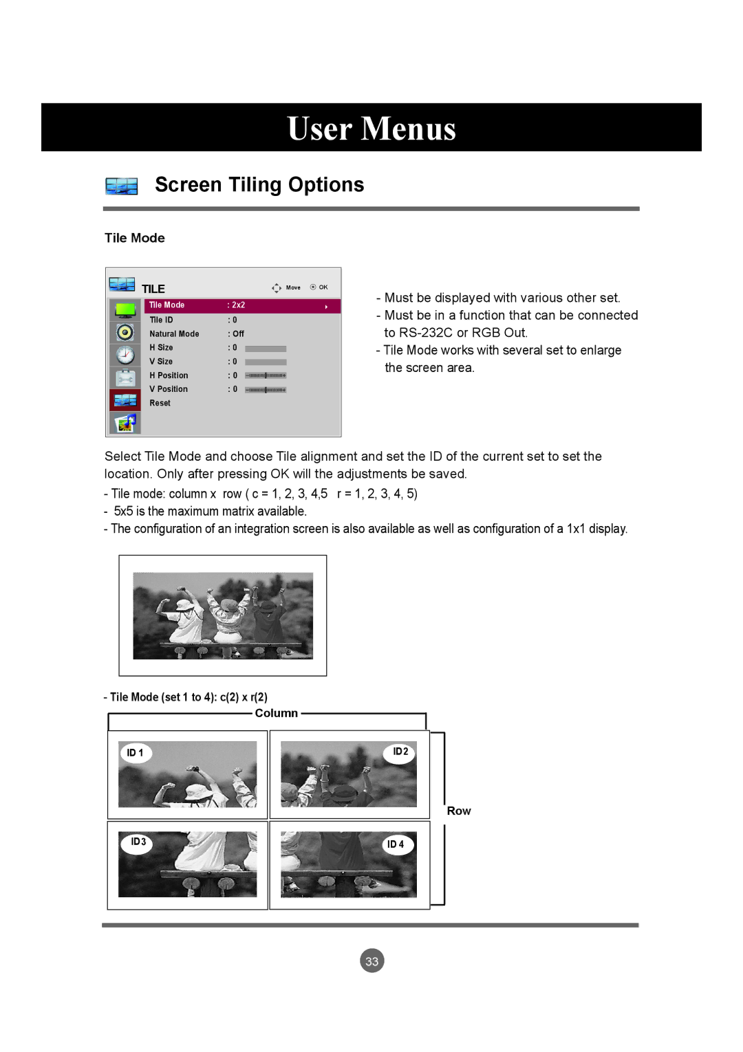 LG Electronics M4716C owner manual Screen Tiling Options, Tile Mode set 1 to 4 c2 x r2 Column, Row 