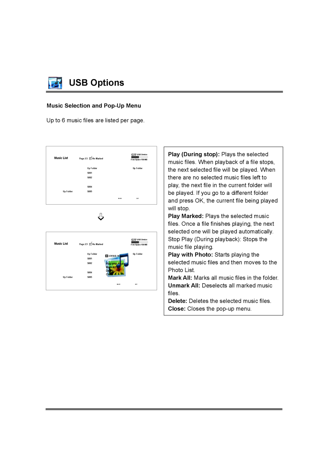 LG Electronics M4716C owner manual Music Selection and Pop-Up Menu, Up to 6 music files are listed per 