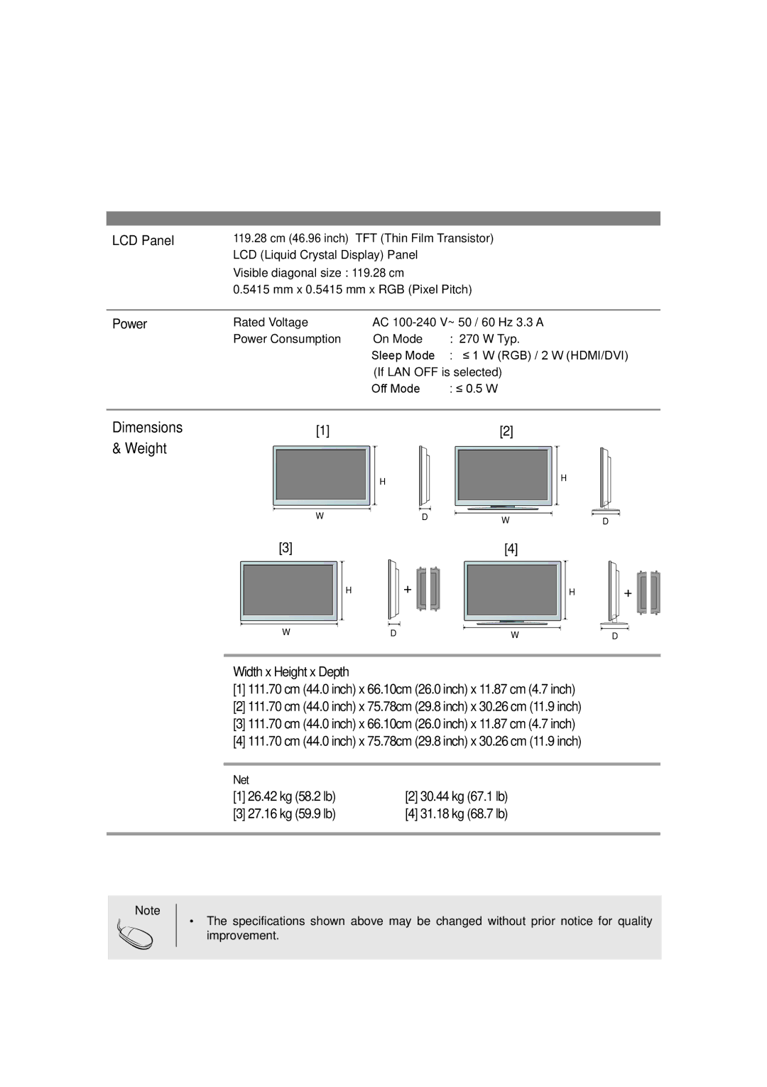 LG Electronics M4716C owner manual Specifications, LCD Panel, Power, Rated Voltage, Net 