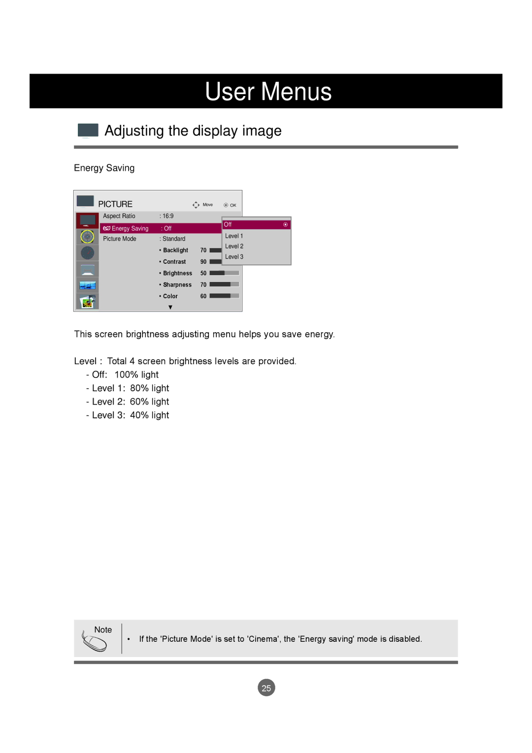 LG Electronics M5520C, M4720C owner manual Energy Saving, Level 1 80% light Level 2 60% light Level 3 40% light 