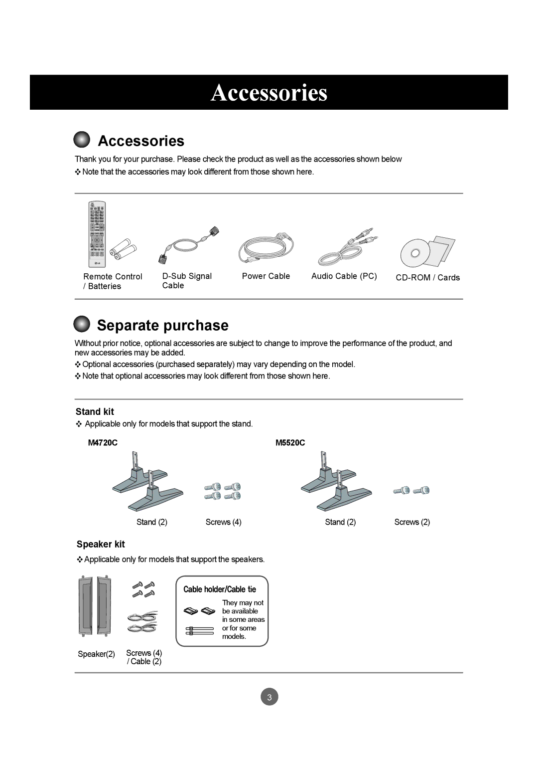 LG Electronics M5520C, M4720C owner manual Accessories, Separate purchase, Stand kit, Speaker kit 