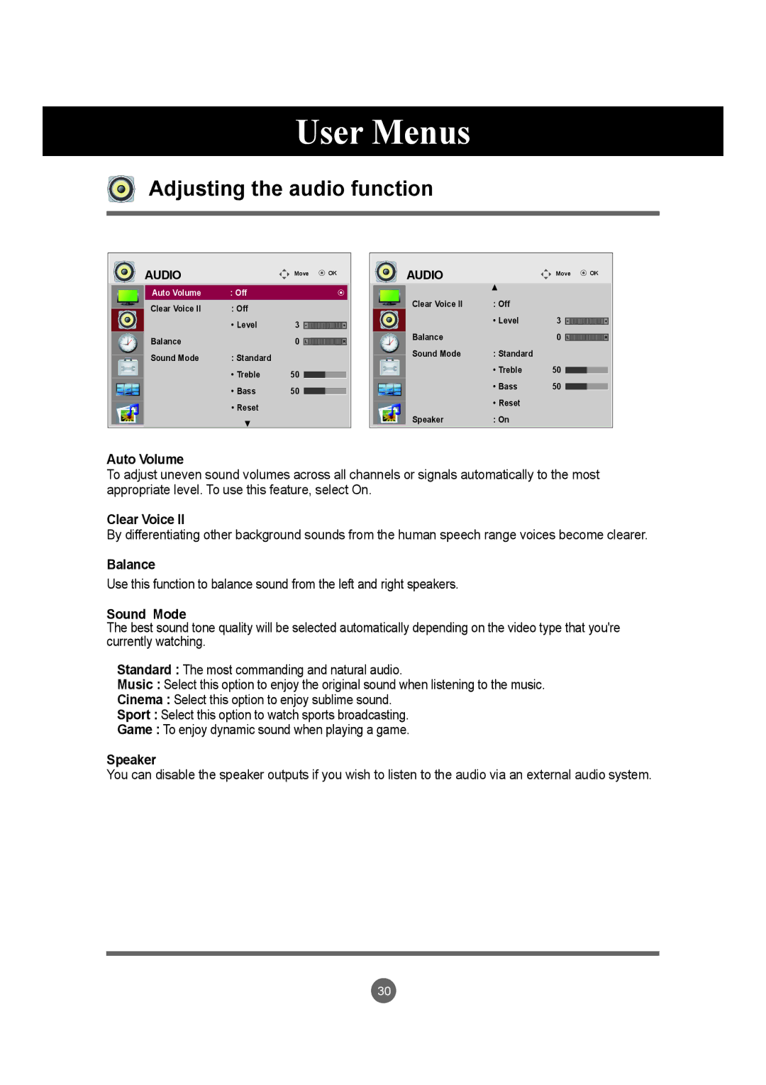 LG Electronics M4720C, M5520C owner manual Adjusting the audio function 