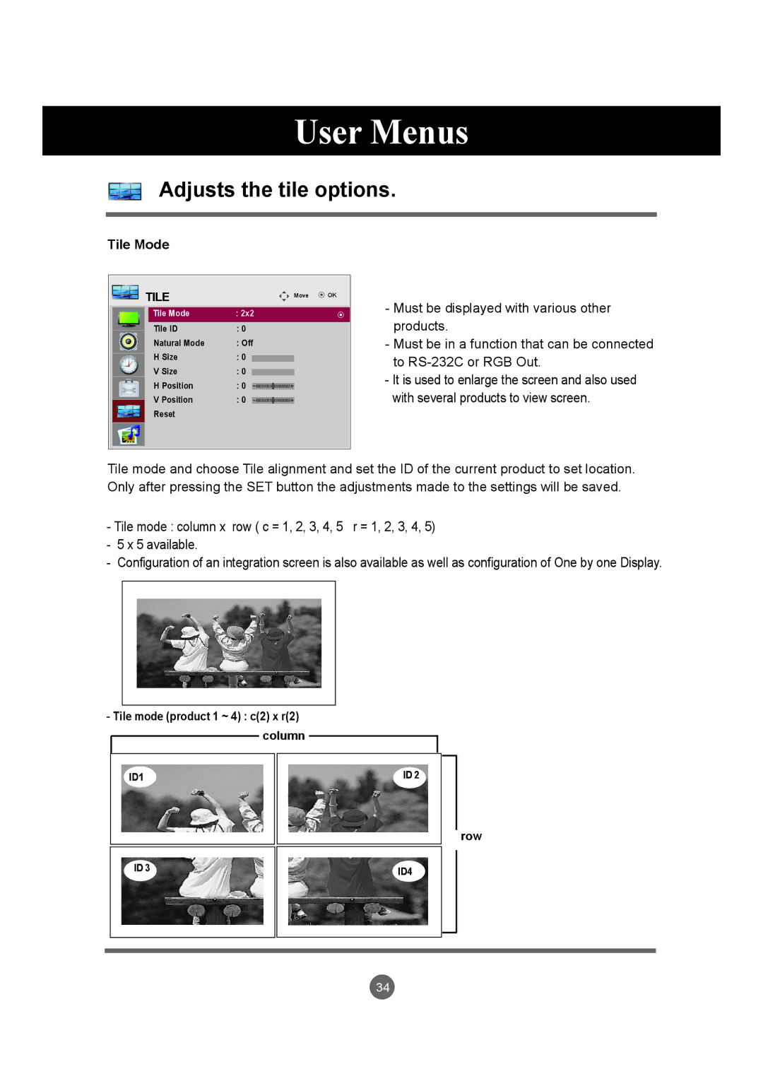 LG Electronics M4720C, M5520C owner manual Adjusts the tile options, Tile Mode, Row 