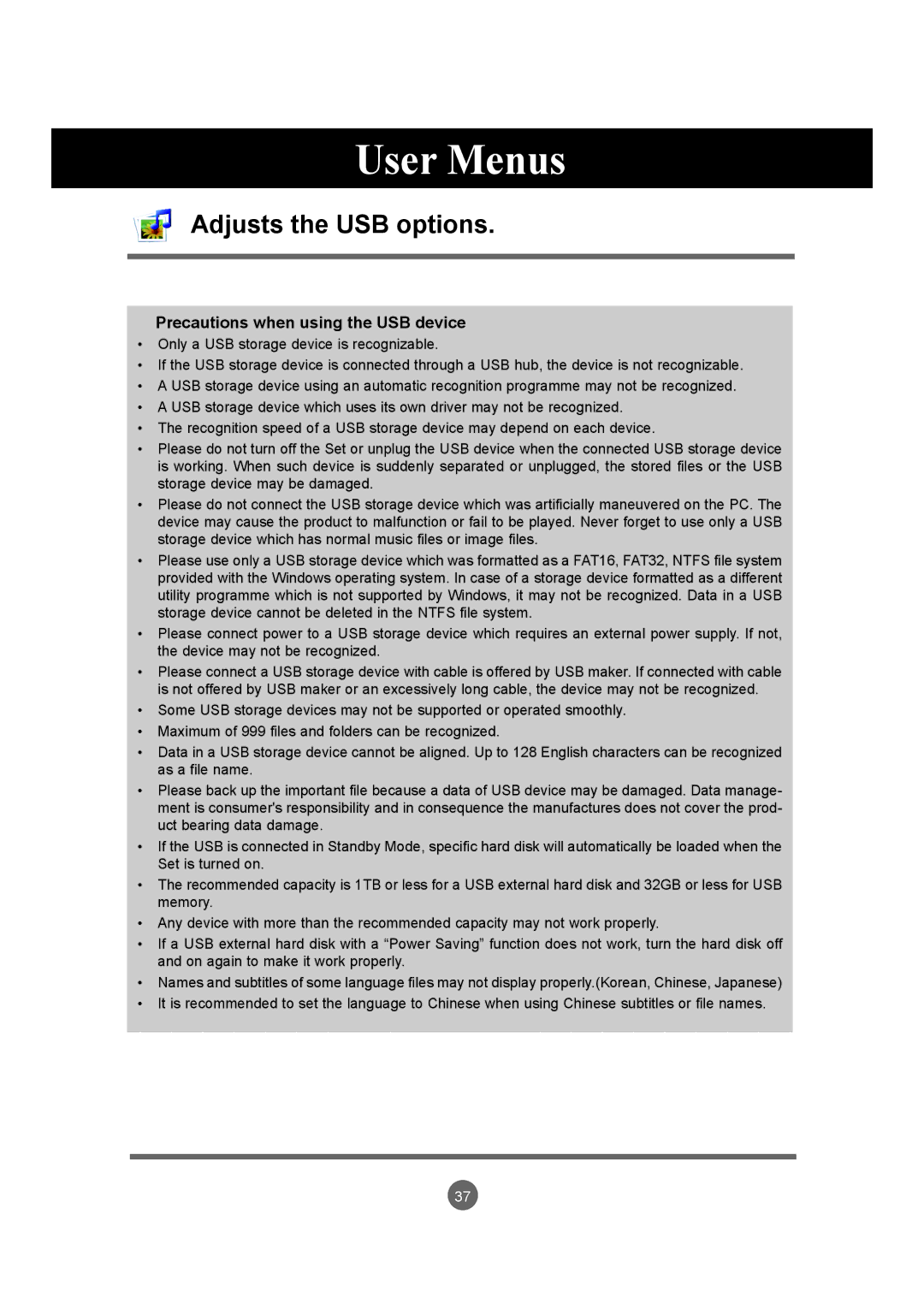 LG Electronics M5520C, M4720C owner manual Precautions when using the USB device 