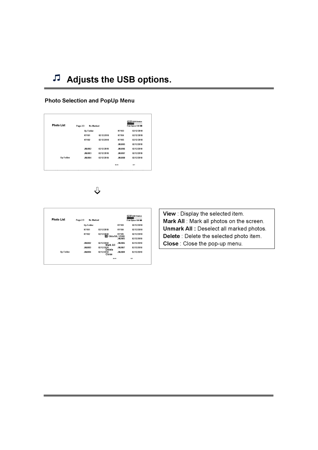 LG Electronics M5520C, M4720C owner manual Photo Selection and PopUp Menu, Photo List 