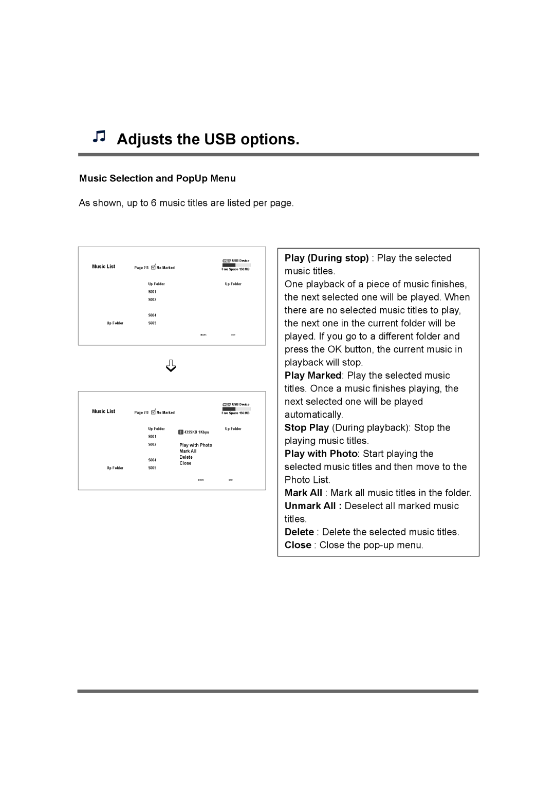 LG Electronics M4720C, M5520C owner manual Music Selection and PopUp Menu, Play During stop Play the selected 