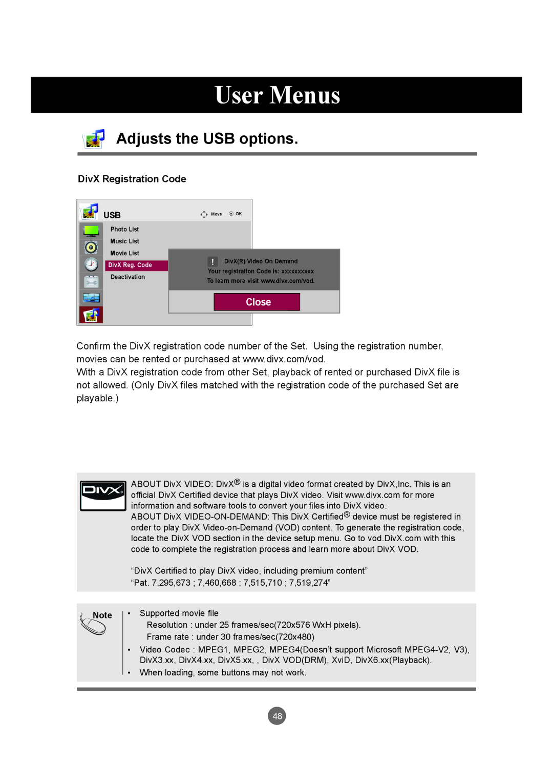 LG Electronics M4720C, M5520C owner manual Close, DivX Registration Code 