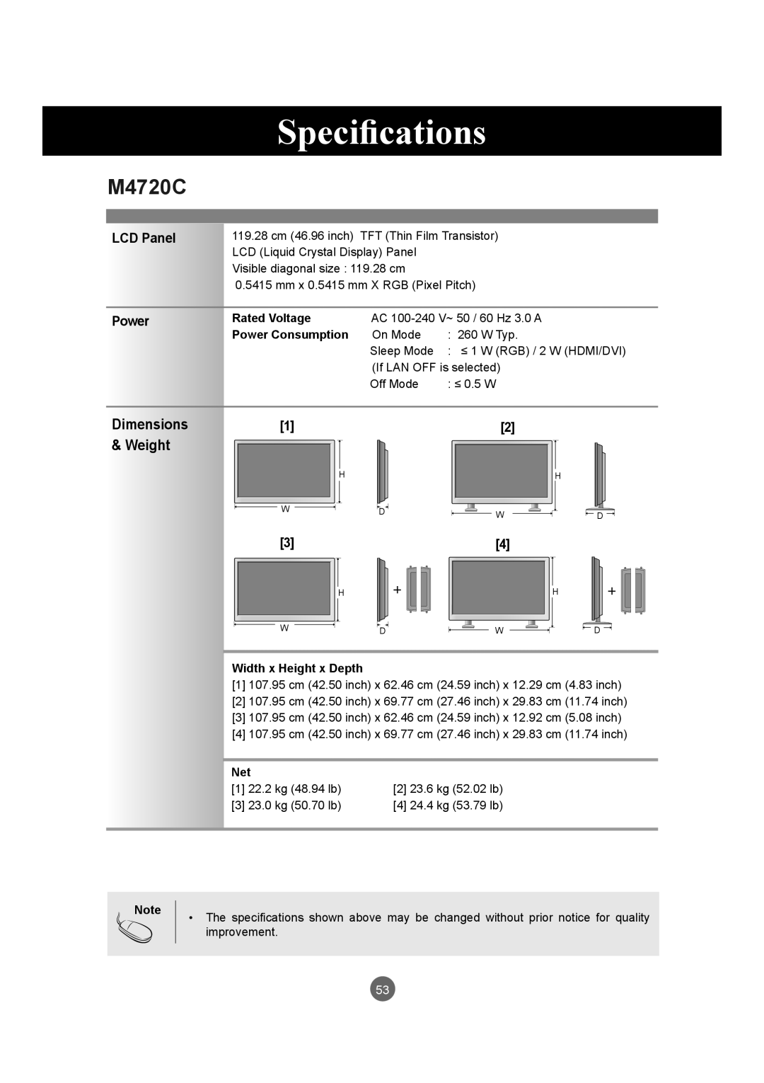 LG Electronics M5520C, M4720C owner manual Specifications, LCD Panel, Power 