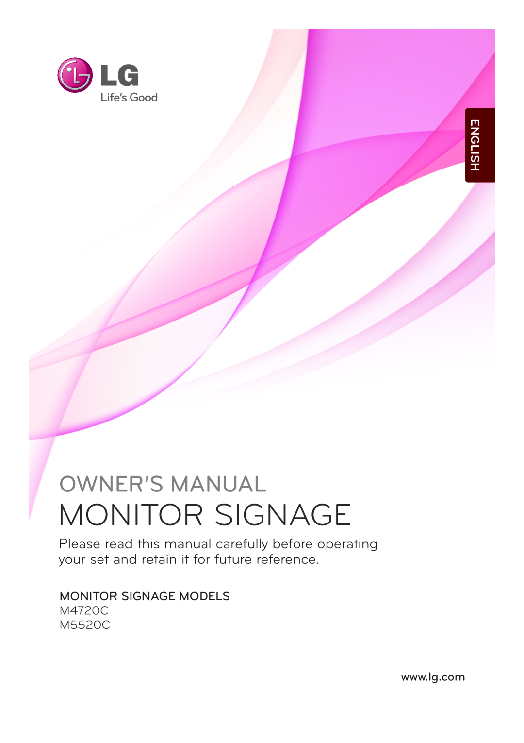 LG Electronics owner manual Monitor Signage, Owner’S Manual, English, MONITOR SIGNAGE MODELS M4720C M5520C 