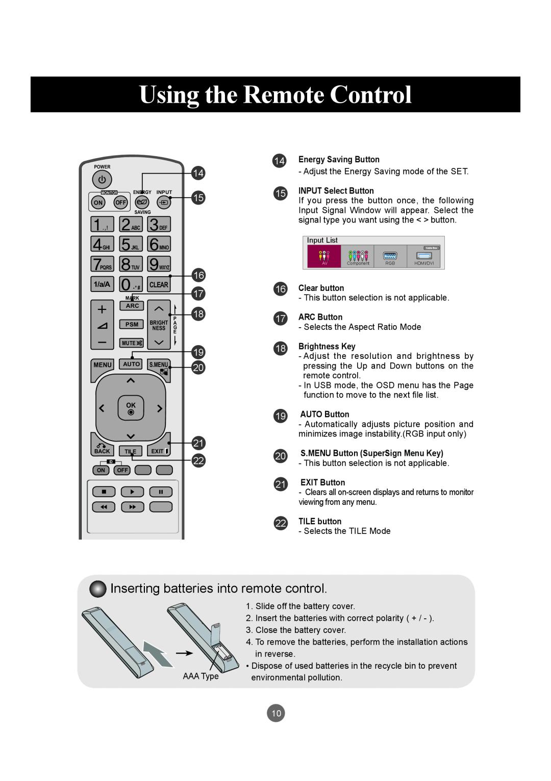 LG Electronics M4720C Inserting batteries into remote control, Using the Remote Control, Energy Saving Button, ARC Button 