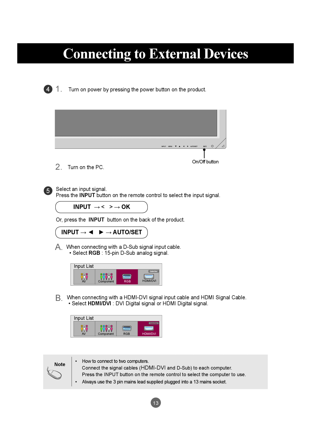 LG Electronics M5520C, M4720C owner manual Connecting to External Devices, Input → → Ok, Input → → Auto/Set 