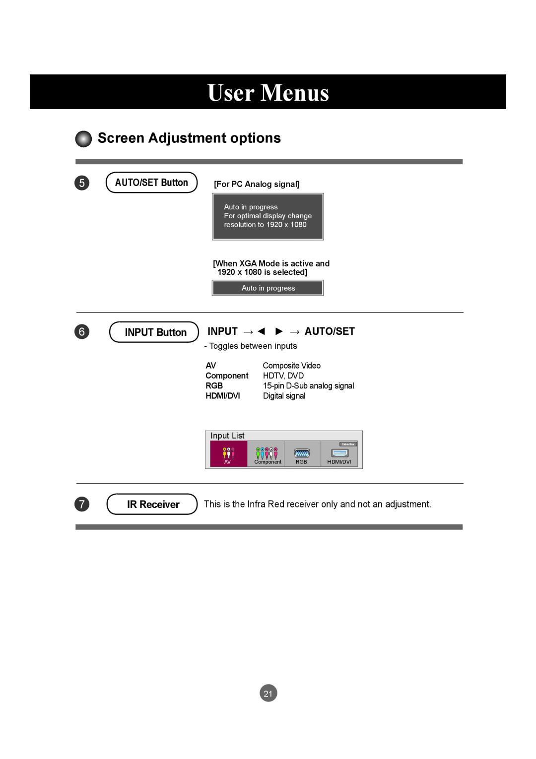 LG Electronics M5520C Screen Adjustment options, User Menus, AUTO/SET Button, INPUT Button, Input → → Auto/Set, Hdmi/Dvi 