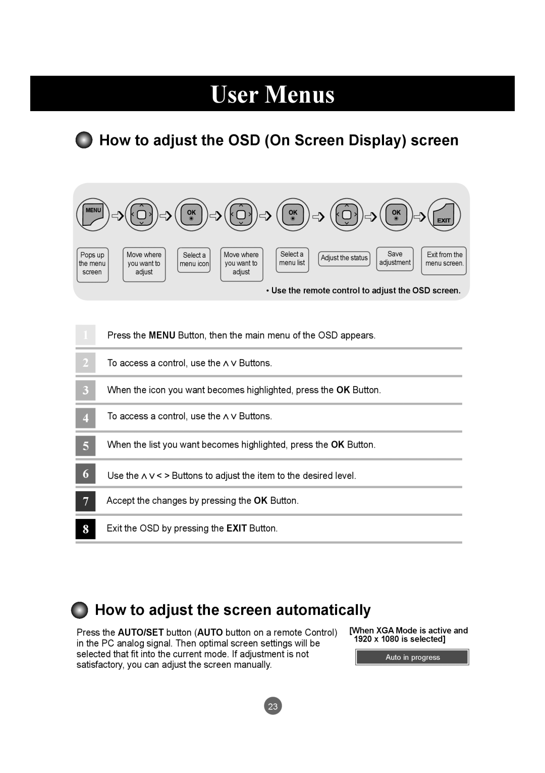 LG Electronics M5520C How to adjust the OSD On Screen Display screen, How to adjust the screen automatically, User Menus 