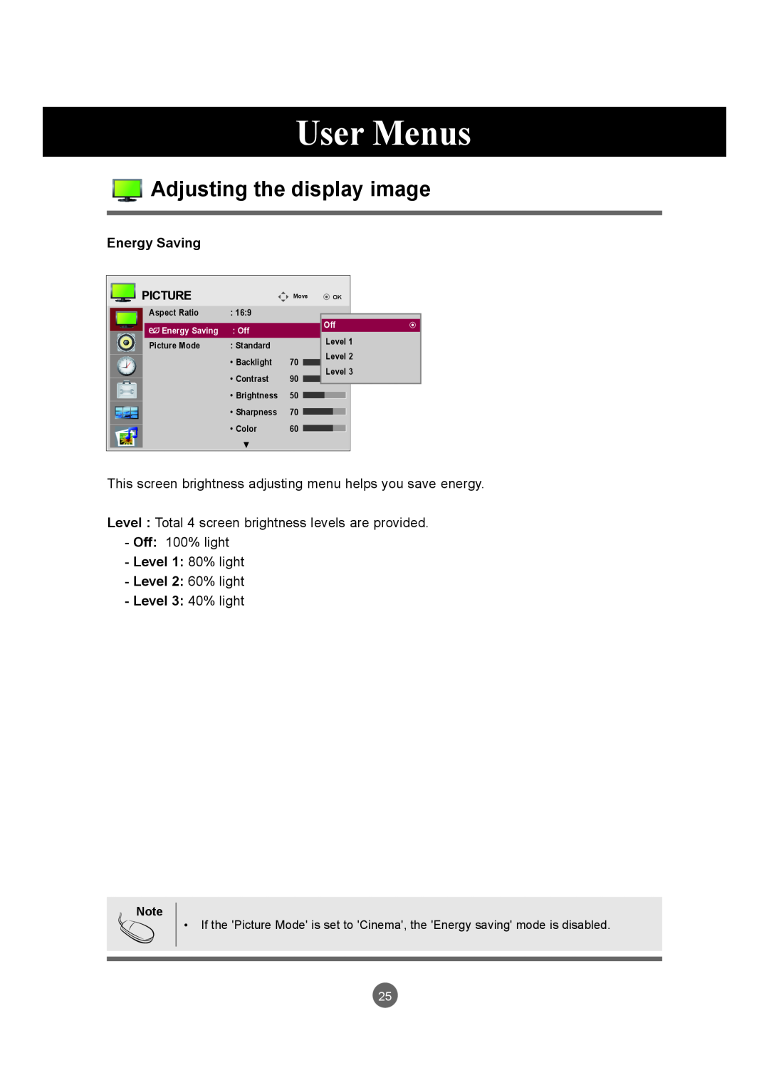 LG Electronics M5520C, M4720C owner manual User Menus, Adjusting the display image, Energy Saving, Picture 