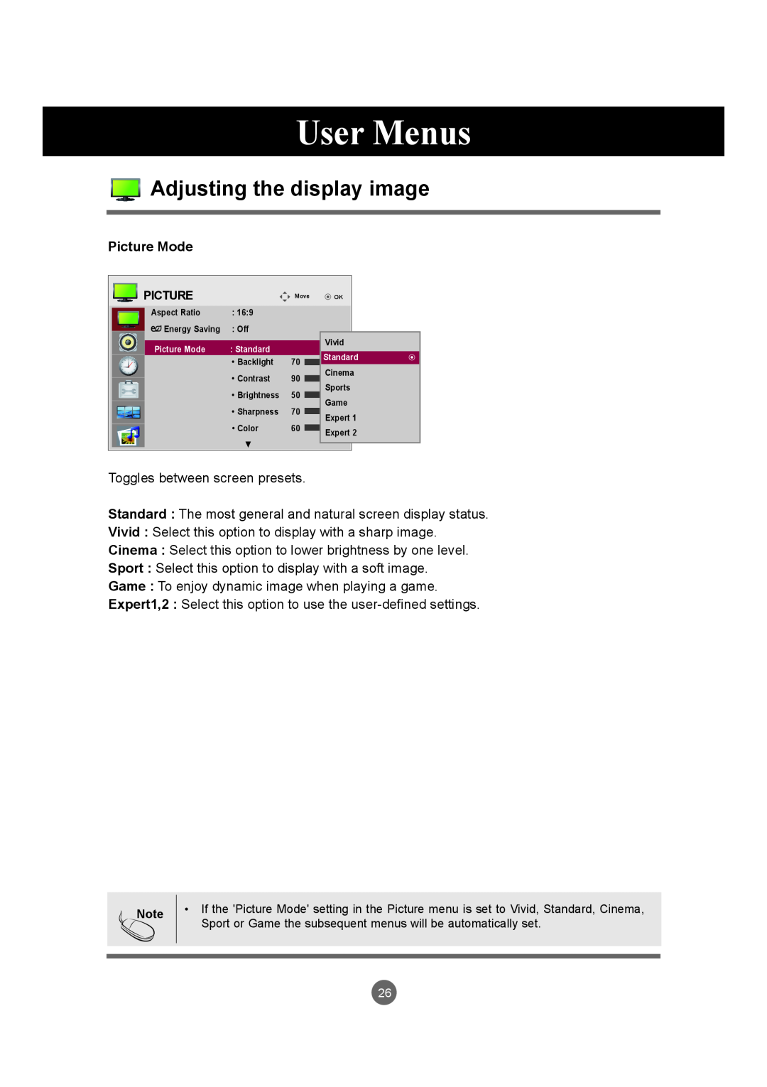 LG Electronics M4720C, M5520C owner manual User Menus, Adjusting the display image, Picture Mode 