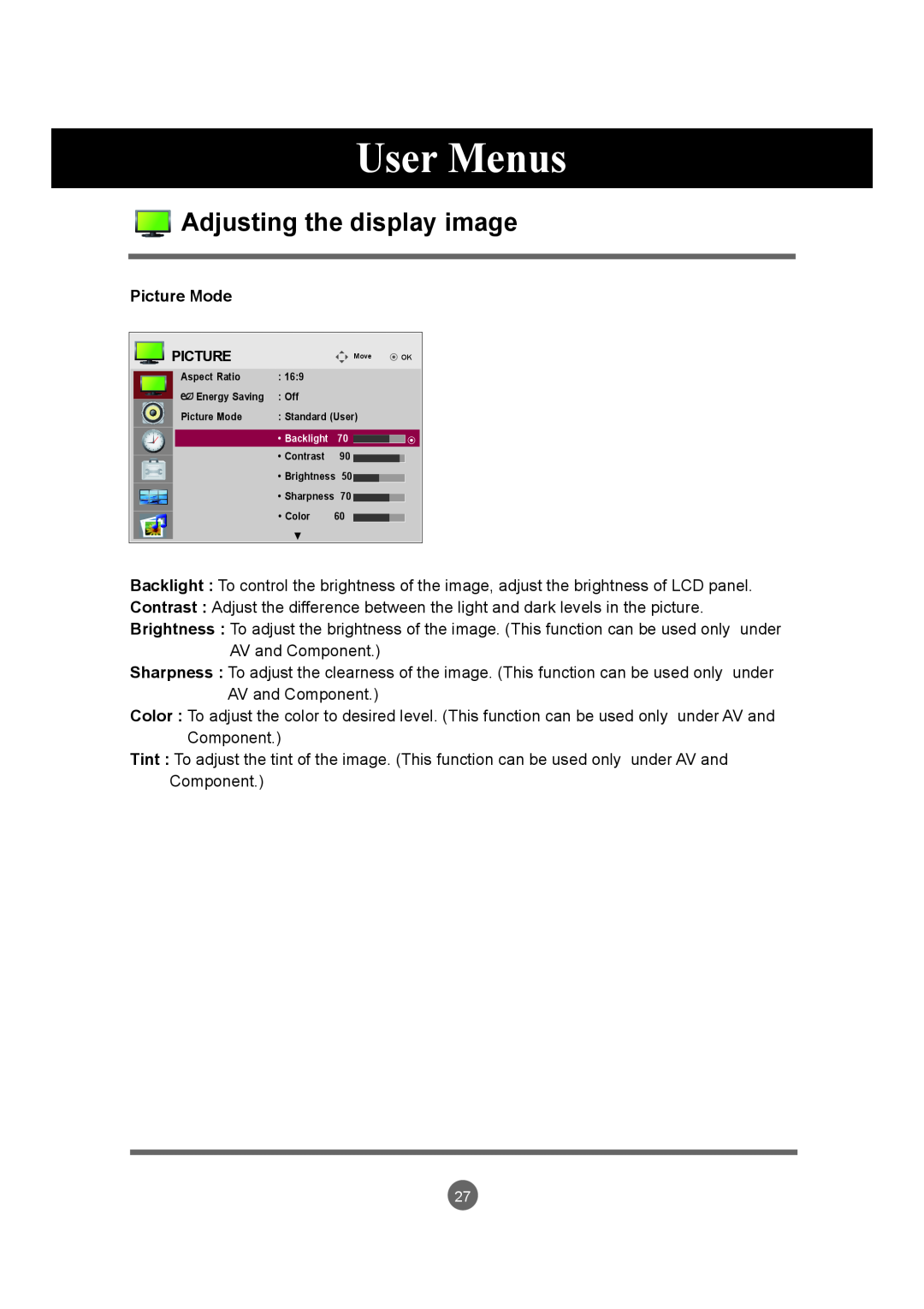 LG Electronics M5520C, M4720C User Menus, Adjusting the display image, Picture Mode, Backlight, Brightness, Sharpness 