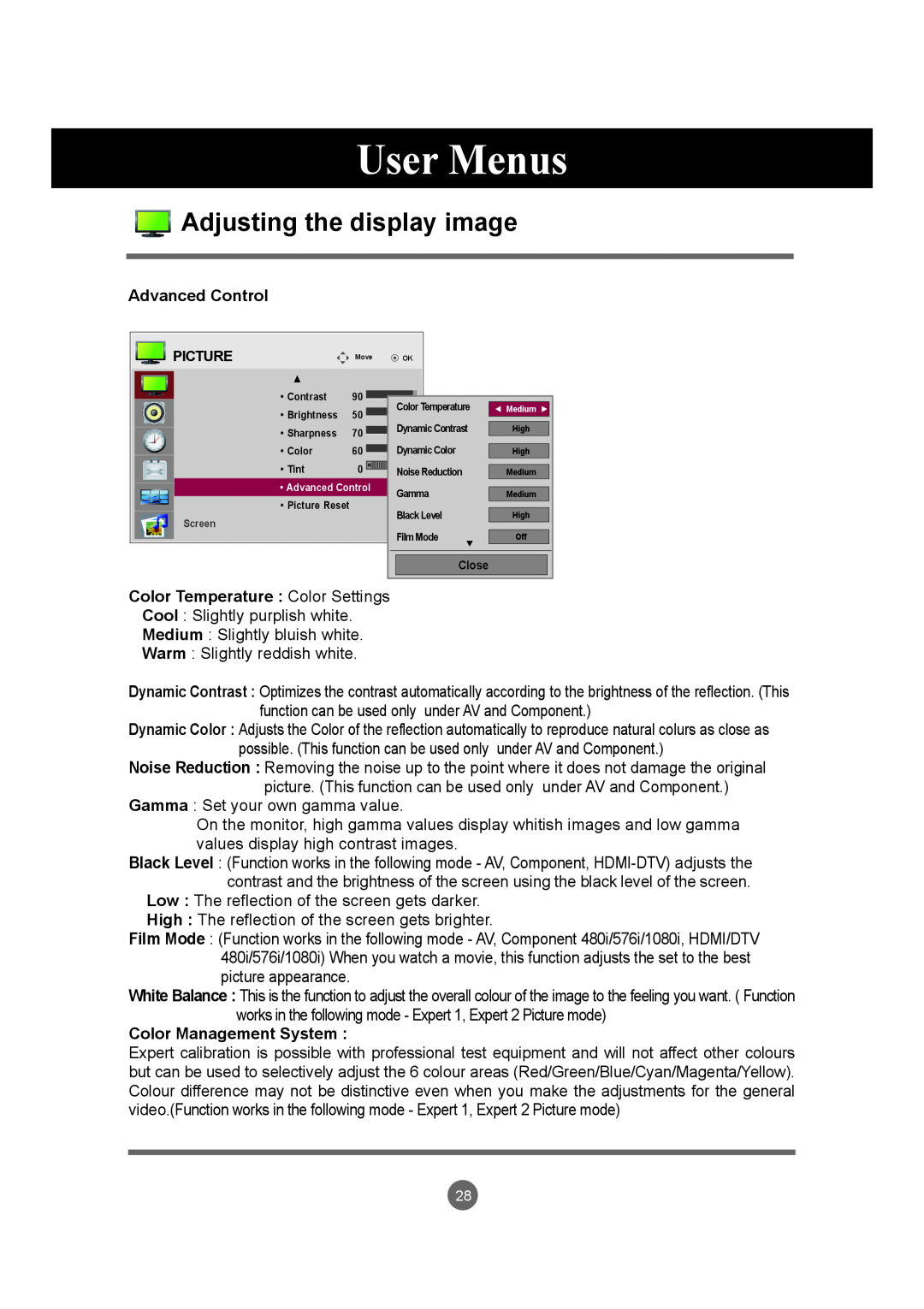 LG Electronics M4720C User Menus, Adjusting the display image, Advanced Control, Color Temperature Color Settings, Picture 