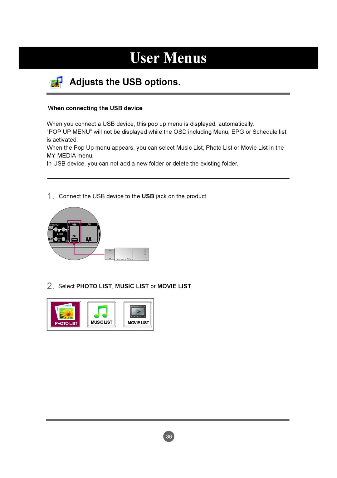 LG Electronics M4720C, M5520C owner manual Adjusts the USB options, User Menus, When connecting the USB device 